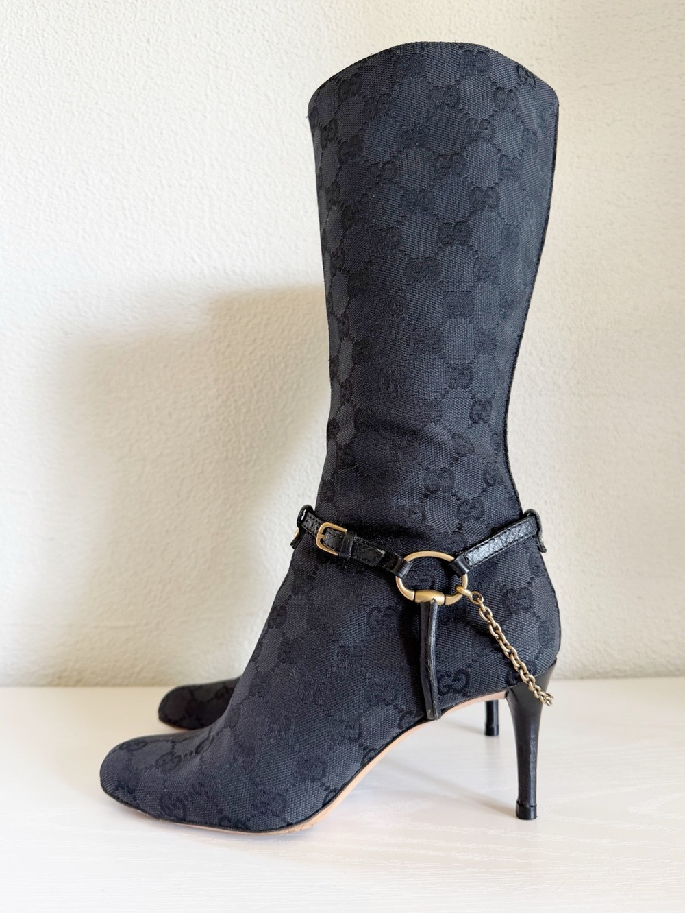 Gucci Tom Ford Era Black GG Monogram Canvas Mid Calf Boots Horsebit Chain EU 36C